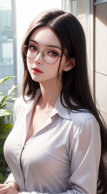 A woman wearing delicate round glasses,Gold frame round glasses, Wavy Hair、casual long hair、Beautiful long black hair、Portrait facing the front、Golden Ratio,、 (Highly detailed eyes, Highly detailed face、A woman with high-resolution skin texture)、Sparkling, shining eyes,Attractive adult pretty woman、Ultra-high resolution, elegant、Office Casual、Neat clothes、Dress shirt、Library、A bright room with soft light、(Realistic, Photorealistic:1.37), Professional photography