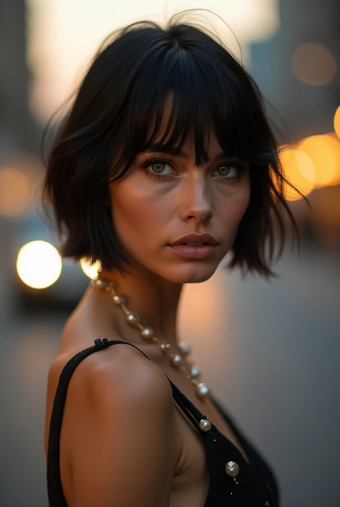 A model with short black hair, com franja curting bangs, grey eyes and fair skin, similar to model Adriana Lima.