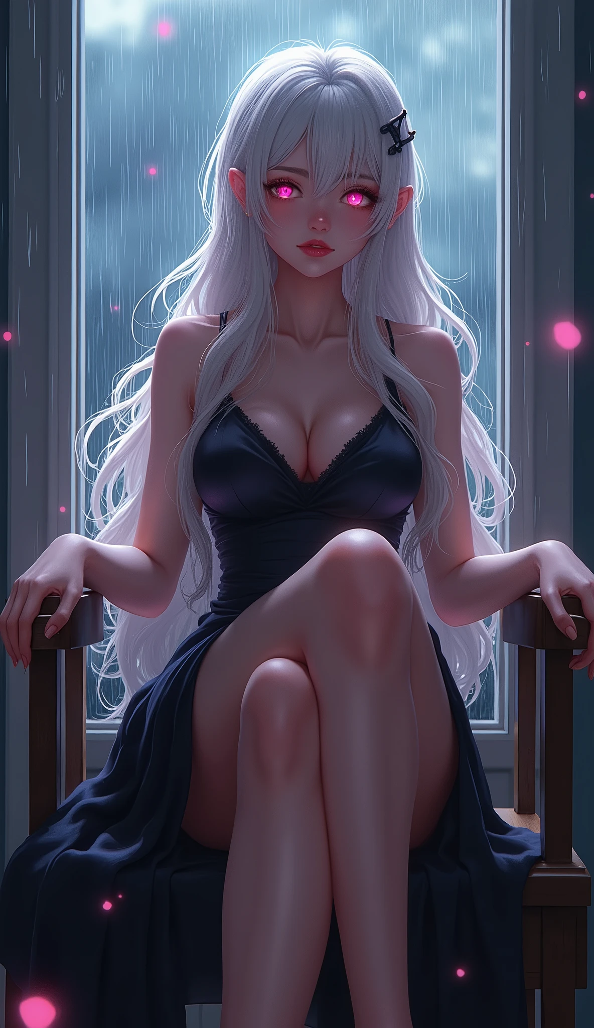 photorealistic,Realistic illustration in Modelshoot style,((masterpiece)),((The best quality)),((Ultra Quality)),((ultra detailed)),((1girl long white hair)),((Only)),((waifu:1.5)),Perfect anatomy,perfect hands,beautiful cuerpo,beautiful_method,ulzzang-6500-v1,e-chica,((Exceptionally Beauty Waifu Princess Tifa Lockhart))Actual photo、Highest im年 quality、Beautiful woman、Beautiful thighs、Beautiful Face、Uniform Ponytail、Yuriko Yoshitaka、Japanese women、pretty girl、skirt、Beautiful thighs、pumps、Sit on a chair、(front:1.6)、(Open your knees:1.4)、Panty shot、,((bright-pink_eyes)),long wavy hair, ((white hair)),hair clips,eyeliner,cute makeup,lipstick,Glossy lipstick,with a look of terror, worry and sadness,((eyes detallados perfectos)),rainy with fog outside,evening,pink theme,bioluminiscencia,light particles,((Extremely CG Unity 8K Wallpaper)),((cinematic lighting,Best quality lights)),intricate details,Suave,sharp focus,Extremely beautiful and aesthetic,Octane rendering,Full length portrait,damp skin,((Perfect detailed body)),
