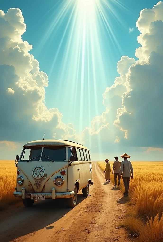 White van on a dirt road, with the hands of God blessing, rural workers around