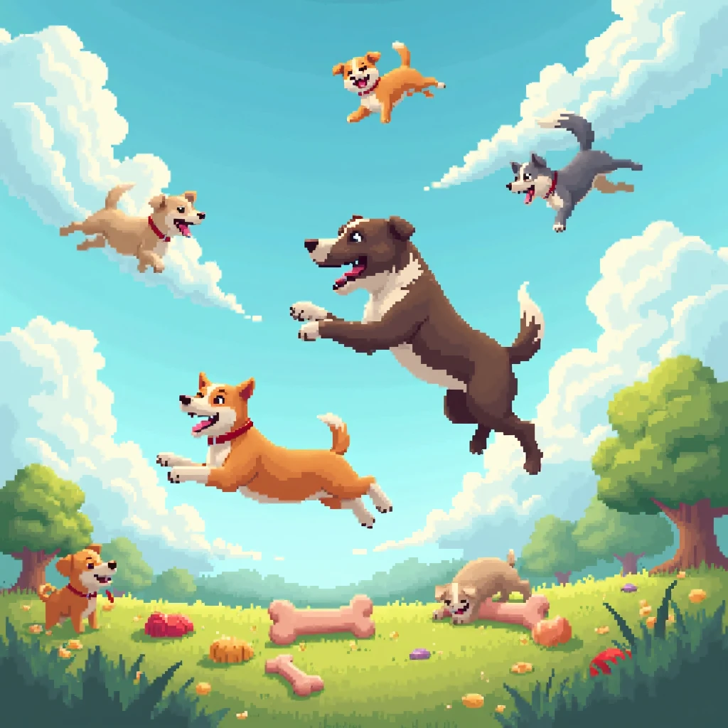 Dogs falling from the sky, PLAYING ARCHIVE, , 2D PIXEL ART style art