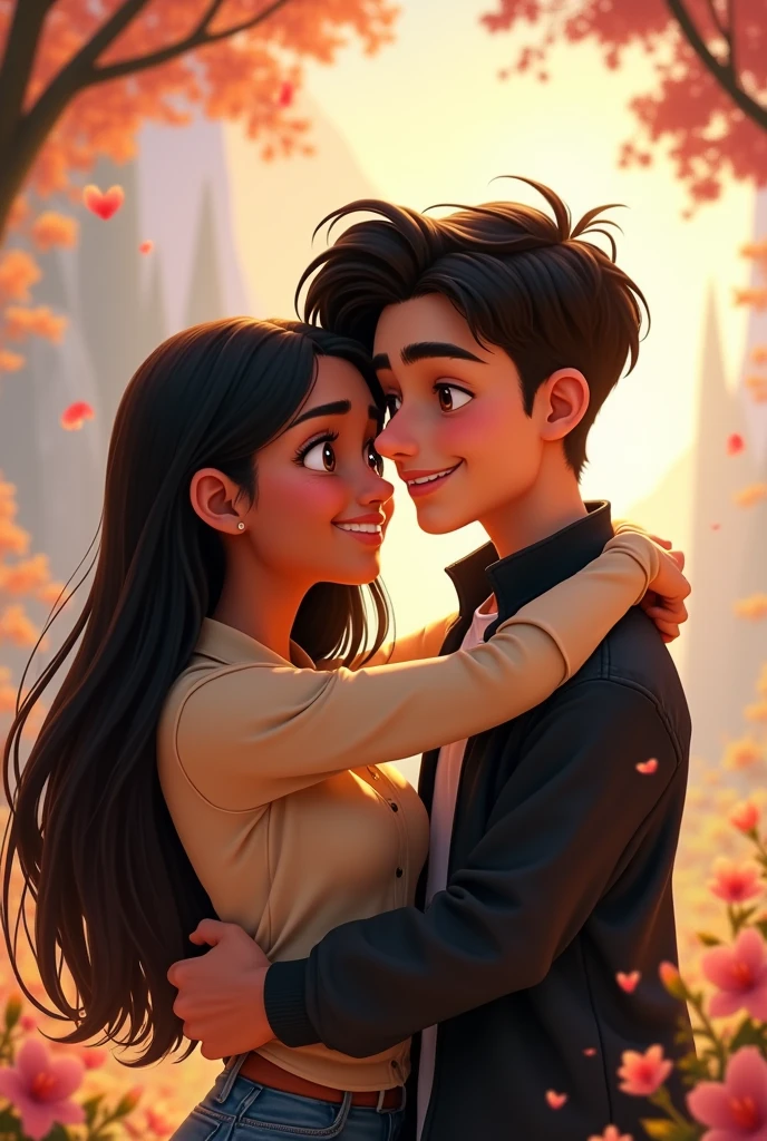 Disney Two agers hugging looking into each other's eyes, A girl with long hair, straight and black, tanned with dimples on her cheeks and brown eyes, round nose and wearing a beige shirt. A light skinned boy, thick lips, big nose and dark hair with a low taper fade haircut, eyes a little big with a black Disney jacket