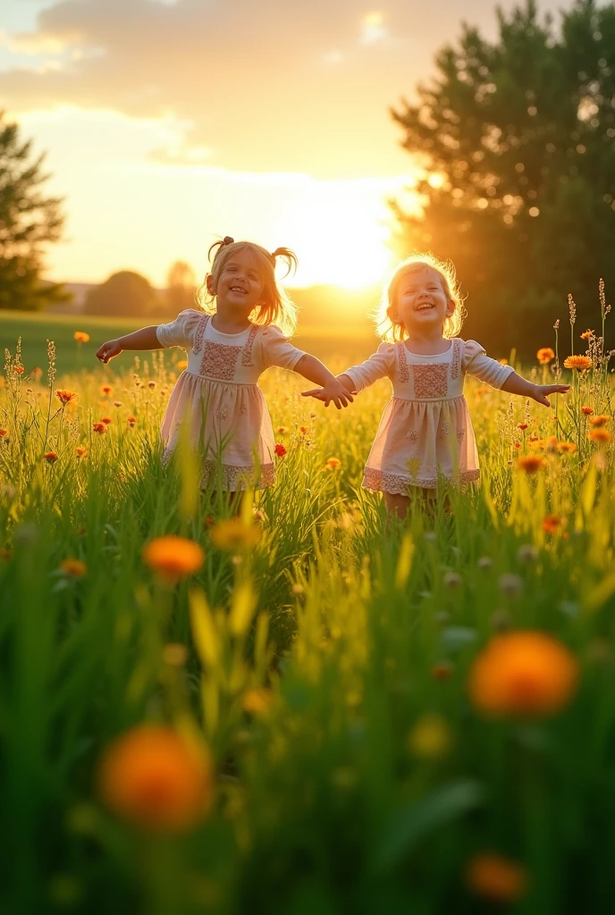 A green field wet with dew, the sun rising from the east, children waking up in the field