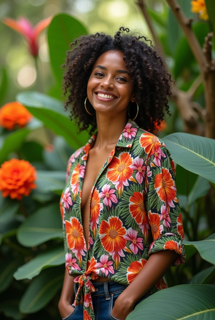 A Brazilian woman in a lush tropical garden, wearing an open shirt with a floral print, with a close-up capturing the harmonious beauty between her breasts and the natural flowers, showing off your natural charm and outgoing personality.