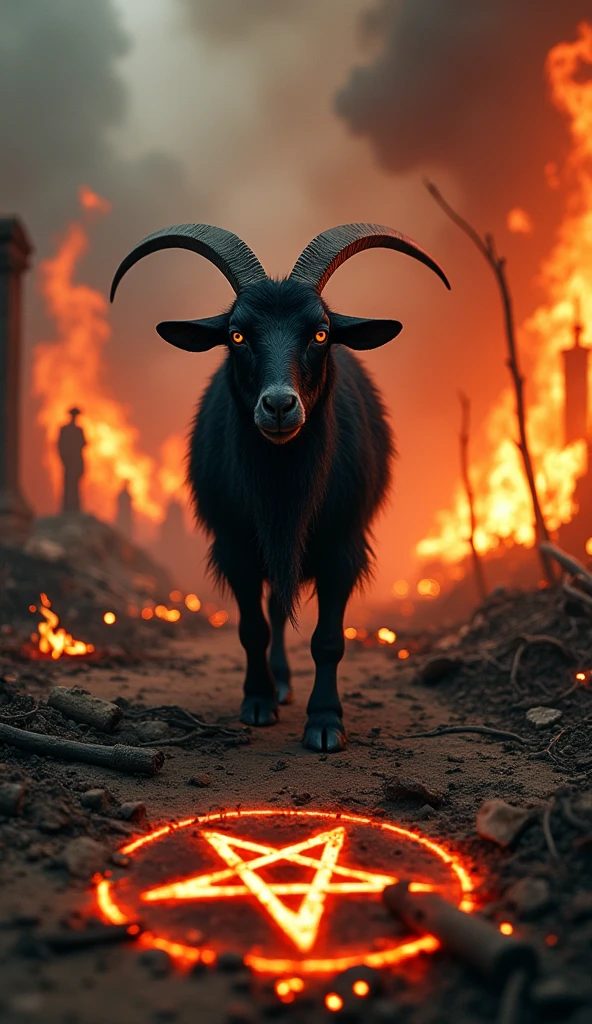a black goat, piercing red eyes, evil face, coming towards the camera, apocalyptic scenario with fire, images of pentagrams and other occult symbols