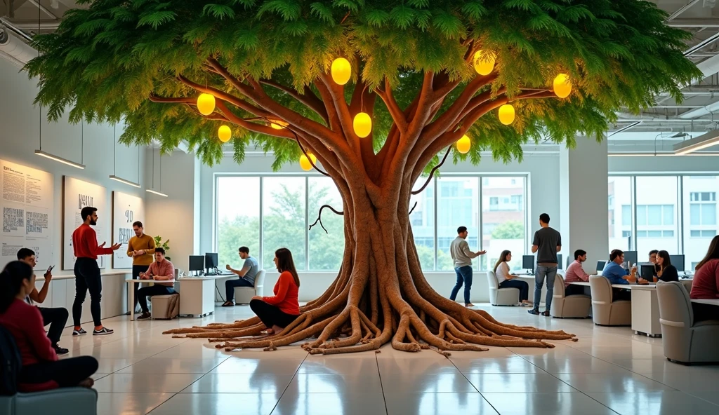 A photograph or illustration showing a robust and leafy tree inside a modern office environment. The tree represents growth, the company's innovation and vitality. Its roots spread across the office floor, subtly transforming into network cables, symbolizing how employee well-being is connected and fuels the company's technological infrastructure. The branches of the tree extend throughout the space, with vibrant green leaves that transform into lit lamps, representing the brilliant ideas and innovation. Around the tree, we see collaborators of diverse ethnicities and ages, Some working on laptops, others talking in small groups, and some practicing yoga or meditation. The environment around the tree is bright and welcoming, with flexible workspaces, rest areas and motivational panels on the walls. In a corner, you can see a small sign that reads "Judgment-free zone - Here, all ideas are welcome". This image visually captures the main concepts of the article: the centrality of employee well-being, the connection between caring for people and the growth of the company, the importance of diversity and creating a safe and welcoming environment to foster innovation.