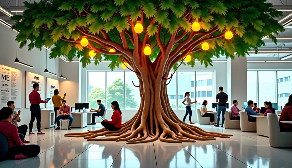 A photograph or illustration showing a robust and leafy tree inside a modern office environment. The tree represents growth, the company's innovation and vitality. Its roots spread across the office floor, subtly transforming into network cables, symbolizing how employee well-being is connected and fuels the company's technological infrastructure. The branches of the tree extend throughout the space, with vibrant green leaves that transform into lit lamps, representing the brilliant ideas and innovation. Around the tree, we see collaborators of diverse ethnicities and ages, Some working on laptops, others talking in small groups, and some practicing yoga or meditation. The environment around the tree is bright and welcoming, with flexible workspaces, rest areas and motivational panels on the walls. In a corner, you can see a small sign that reads "Judgment-free zone - Here, all ideas are welcome". This image visually captures the main concepts of the article: the centrality of employee well-being, the connection between caring for people and the growth of the company, the importance of diversity and creating a safe and welcoming environment to foster innovation.