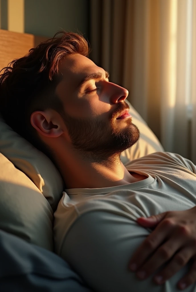 (photorealism:1.2), A 25-year-old man sleeping upright and his hands crossed over his chest, he has a beard on his face