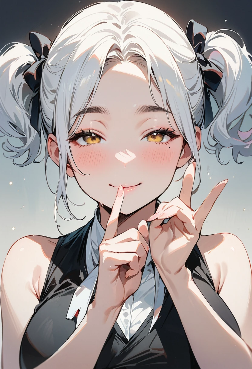 (masterpiece, best quality:1.4), 1 girl, 独奏, Black and white filter, Black and white, Star pupil, Blurred eyes, Close your left eye, Smile, Look up and down, Fox gesture, Right tear mole, (Double ponytail hairstyle:1.2),  Royal sister, large breasts, Vest, Black and white gradient background.