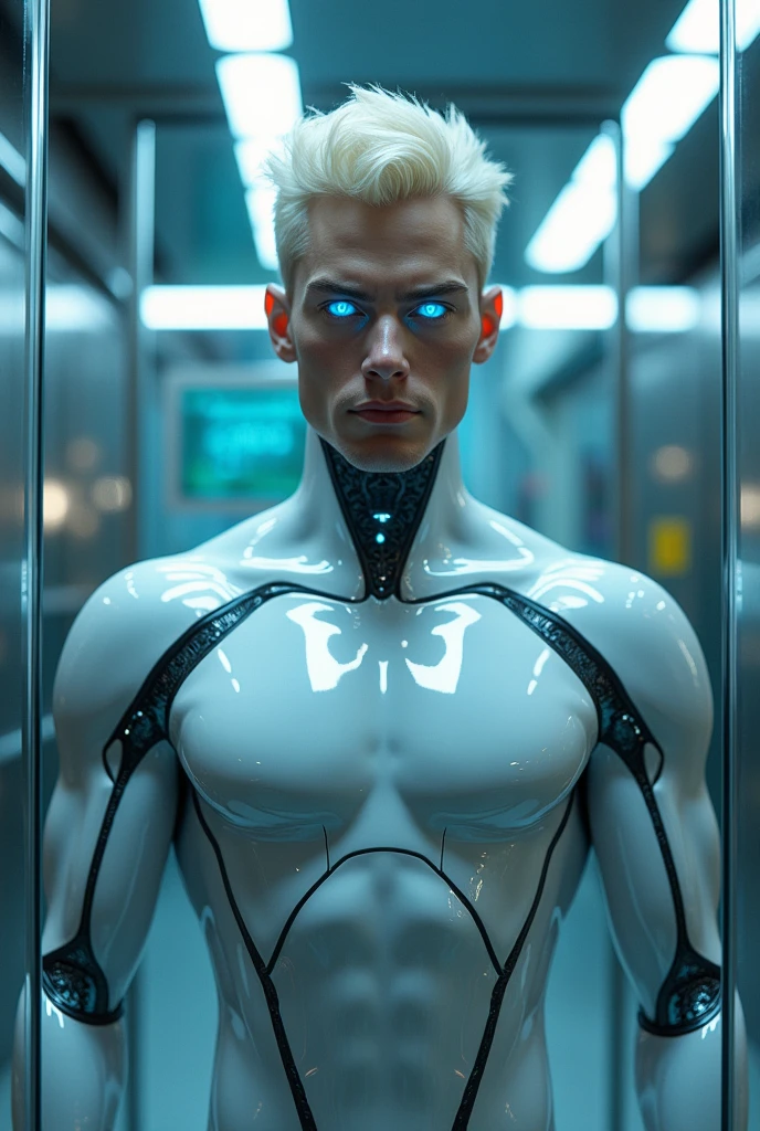 Photorealistic male android with handsome face. Glossy skin. Blue glowing eyes. Short platinum blone hair. Musculous bodybuilder body. Wearing a skinthight silver lycra. Inside a glass tube in a lab.