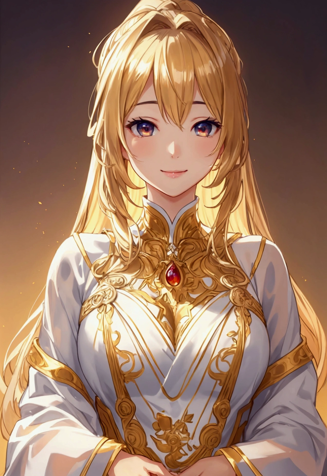Official Art, wallpaper, Very detailed, (((Very detailedな目と顔))), Realistic portraits, (Highest quality, masterpiece, High resolution), (High resolutionスキン: 1.2), 8K Ultra HD, Backlight, Background Blur, smile, One Woman, a woman in a white shirt, Beautiful woman, Attractive beautiful face, Beautiful face and perfect skin, Diffused, Natural skin glow, Attractive and beautiful, Enveloped in golden light, Gorgeous and attractive, Soft Golden Hour Lighting, natural beauty expressive pose, Soft golden light, Attractive girl, Golden Background, Dynamic Angle