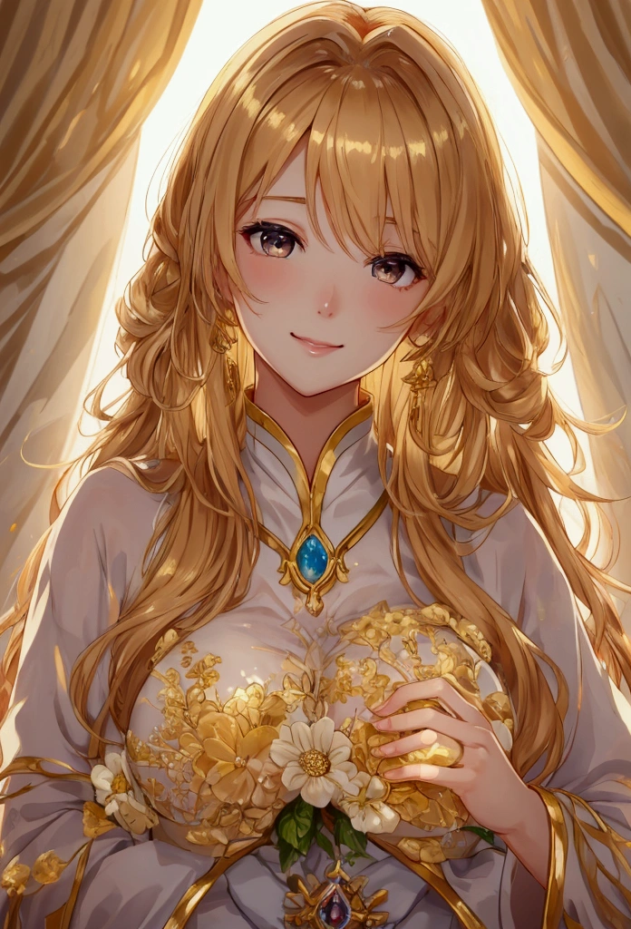 Official Art, wallpaper, Very detailed, (((Very detailedな目と顔))), Realistic portraits, (Highest quality, masterpiece, High resolution), (High resolutionスキン: 1.2), 8K Ultra HD, Backlight, Background Blur, smile, One Woman, a woman in a white shirt, Beautiful woman, Attractive beautiful face, Beautiful face and perfect skin, Diffused, Natural skin glow, Attractive and beautiful, Enveloped in golden light, Gorgeous and attractive, Soft Golden Hour Lighting, natural beauty expressive pose, Soft golden light, Attractive girl, Golden Background, Dynamic Angle