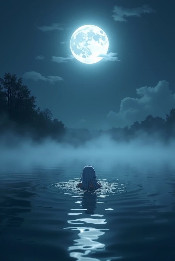 an anime style woman diving into a foggy lake in the middle of the night with the moon up