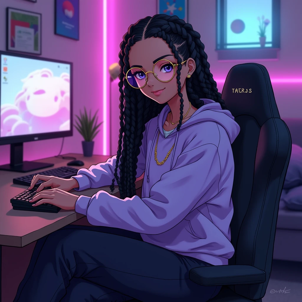 ((best quality)), ((masterpiece)), (detailed), 1girl, long black box braids, brown eyes, Round gold glasses, tan skin,dark skin ,BROWN SKIN, SHE HAS LIGHT BROWN SKIN, body, wearing plain light purple hoodie, wearing long black sweat pants, absurdres, high res, ultrasharp, 8k, masterpiece, looking at viewer, anime inspired, cool bedroom gamer background, androgynous, smiling, large round glasses, no airplanes, wearing a taurus gold chain necklace on neck, sitting down at gaming desk