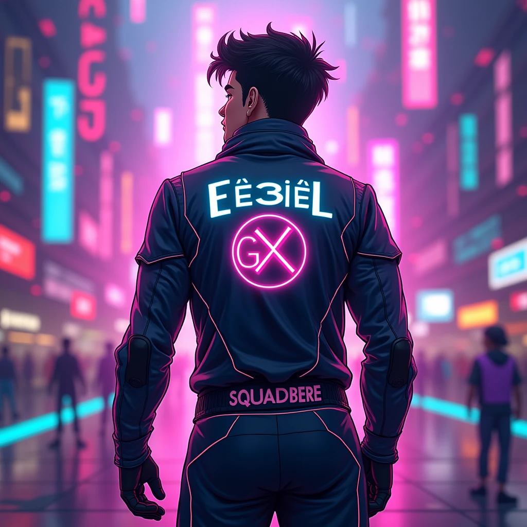 Create an image of a gamer guy with the following details:
The name "EᏃ3Ꮶi3l" should be on the back of the character.
The squad name "Gx" should be placed below the name.
The overall design should be cool and unique.