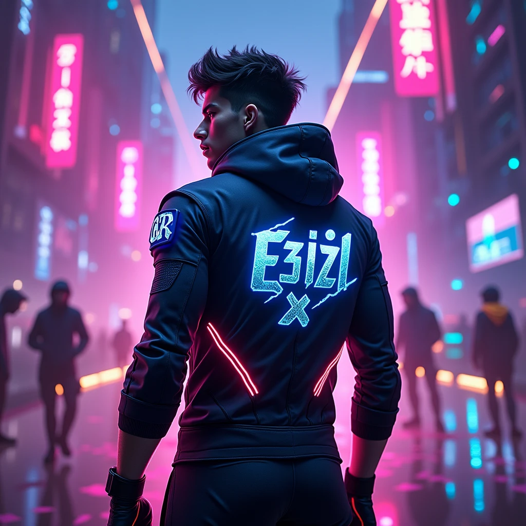 Create an image of a gamer guy with the following details:
The name "EᏃ3Ꮶi3l" should be on the back of the character.
The squad name "Gx" should be placed below the name.
The overall design should be cool and unique.