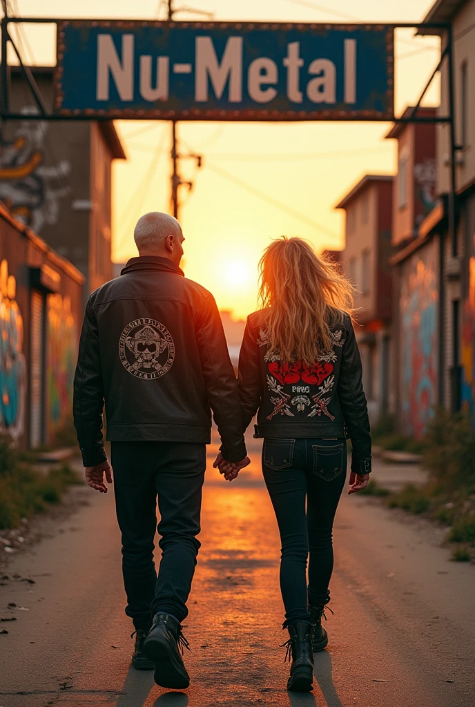 Have Eminem and a metalhead holding hands walking down a road where there's a sign that says (nu-metal)