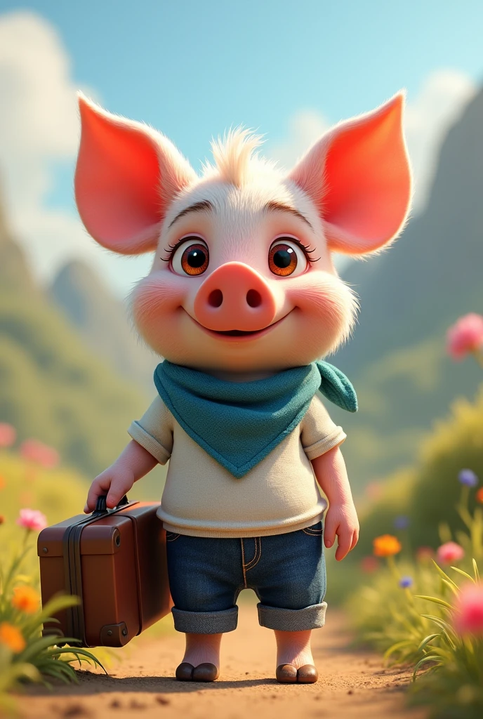 Disney Pixar-inspired, charming small pig character, wearing a blue bandana, white t-shirt, and blue jeans, holding a tiny suitcase. Highly detailed, adorable, maximum cuteness, lovely, expressive big eyes, fluffy and soft textures, delightful and heartwarming, beautifully rendered, ultra high-quality octane render, soft dramatic lighting, radiant charm, hypermaximalist, trending on ArtStation, influenced by Anna Dittmann and Tom Blackwell.