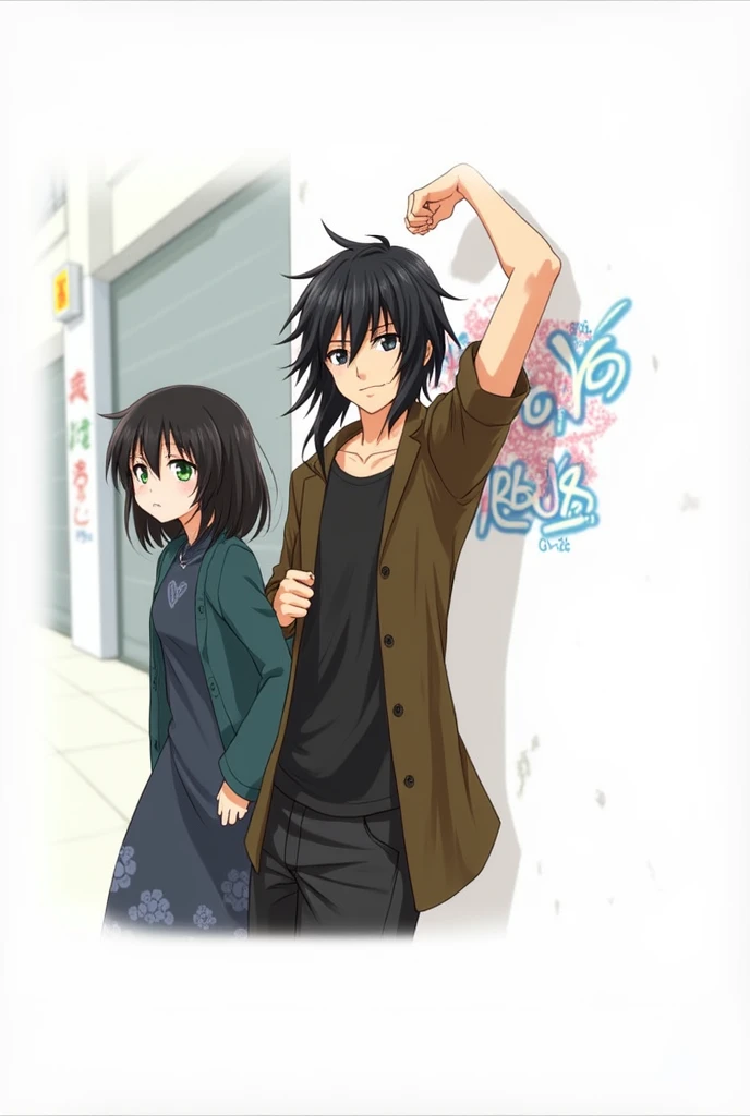 2 people. boy, long black hair, grey eyes, in a black T-shirt and a brown jacket, Beautiful face, beautiful body, girl with angelic , Black short shoulder length hair, green eyes, anime art, masterpiece, realistically