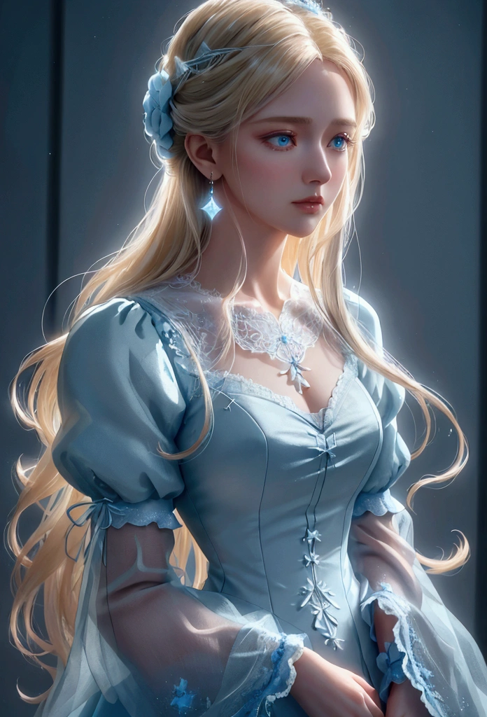 Mysterious and gorgeous scene with stars, flowers, natural light, light and brightness. Glossy rich white blonde_straight long hair, pastel sky blue outfit_lace puff sleeves, detailed details, (highest quality, 4K, 8k, high resolution, masterpiece: 1.2), (upper body close-up angle), (highly detailed, realistic: 1.37), the movie consists of soft lighting, dramatic mood lighting, vivid colors, dreamy, subtle magic, details, quiet, fragile, elegant, cinematic, dramatic, great composition.