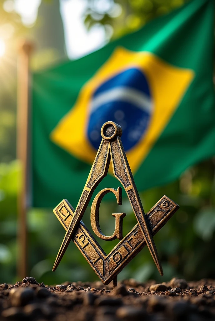give me the Brazilian flag in the background and the Masonic symbol in the foreground, in story-sized 
realistic art
make the masonic symbol as authentically as possible, with the "g" with the use of a compass and straightedge 

