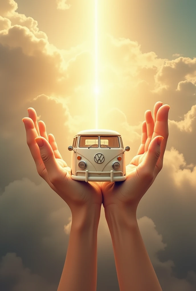 Hands of God holding a white Kombi van 