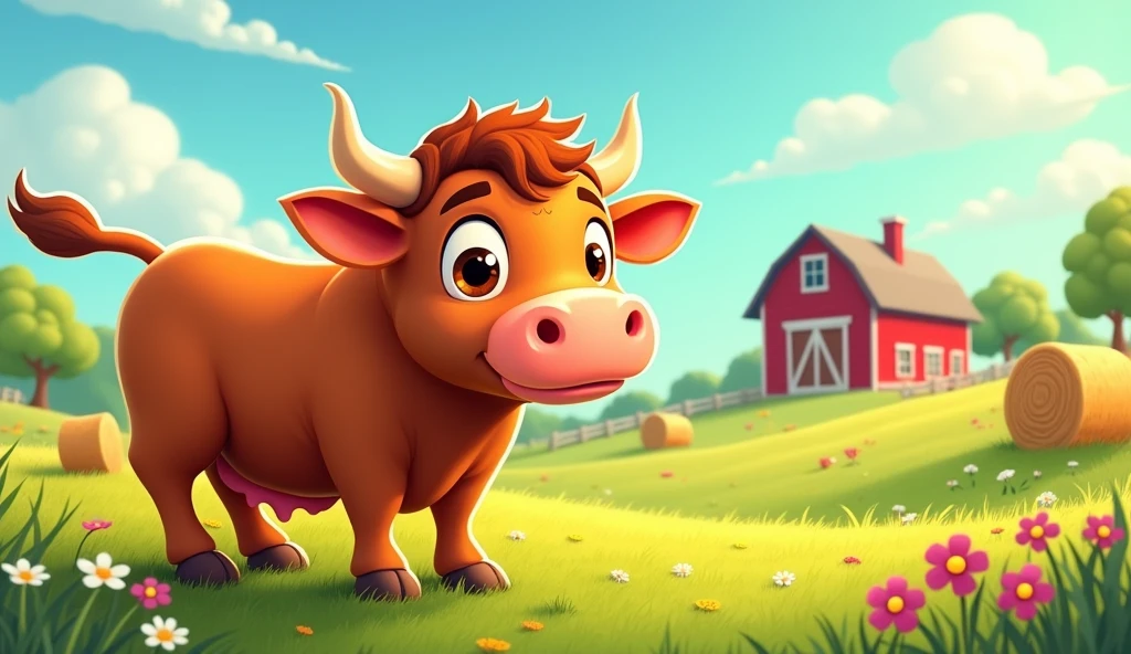 In a vibrant farmyard, there lived a young bull named Bobo who had a knack for solving puzzles. While most bulls enjoyed simple pastimes like grazing or napping, Bobo loved to figure out riddles and challenges kids cartoon
