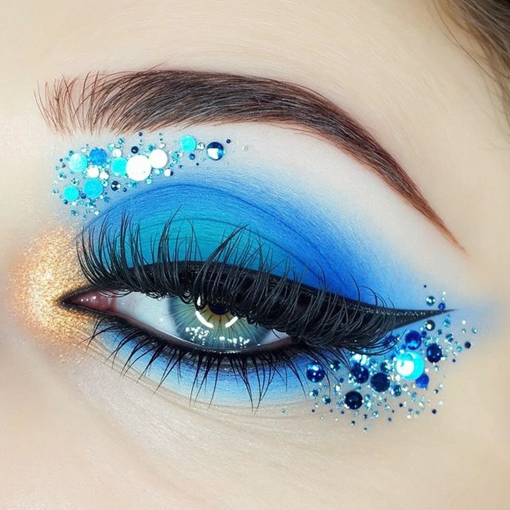 A mystical water spirit, wavy brown hair with blue highlights, blue maxi skirt, beige blouse, dramatic blue makeup, silver and blue jewelry, fantasy, digital art, intricate details, glowing skin, ethereal, whimsical, detailed face, beautiful detailed eyes, beautiful detailed lips, extremely detailed face and features, cinematic lighting, vibrant colors, photorealistic, 8k, high quality, masterpiece