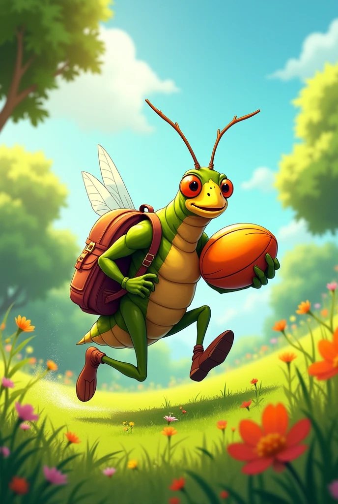 insecte Grillon très musclé qui court avec un ballon de rugby et un sac d'école
