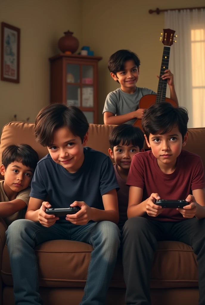 There is a brown sofa and a Indian boy with a fair skin with pimples on cheeks sit on the right side of the sofa with a gaming console. He is wearing a marron shirt sleeved shirt with a black trousers. He is concentrated to the game. His face is almost similar to cillian Murphy. Next to him a indian boy who a bit fatter than the 1st guy sits on the sofa. He is wearing spectacles. He is wearing a pale rose t shirt and a grey trousers. He is also playing games on the phone. He is concentrated on it. His face is a bit oval and skin tone is a bit darker. Next to him a skinny guy wearing a long sleeved dark Blue t-shirt with a round neck and a blue denim sits on the left side of a sofa. He is looking at the front with a tough look. His skinned is whited. Behind the sofa another chubby guy with a whited skin is wearing a gray colour short sleeved collared T shirt. He looks at the front with a smile. He is wearing spectacles. His hair is firmly cut. His face is round. He has crossed his arms. Next to him a slim guy wearing a black round neck short sleeved t-shirt is bearing a brown guitar and his face is similar to Henry cavil. He got pimples in his cheeks. He stands behind the sofa. All guys are about .