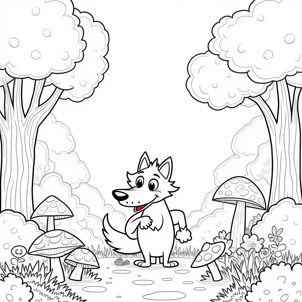 hungry wolf. black and white children's coloring book style