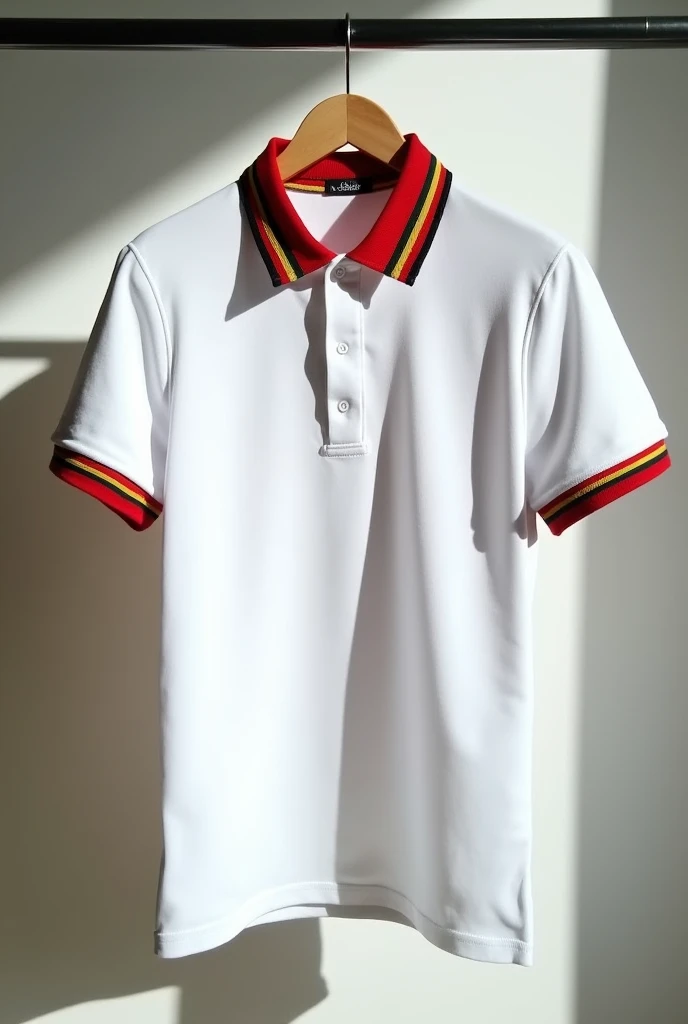 Plain white polo shirt having red, gold, black and green stripes at the end of collar and hands in HD