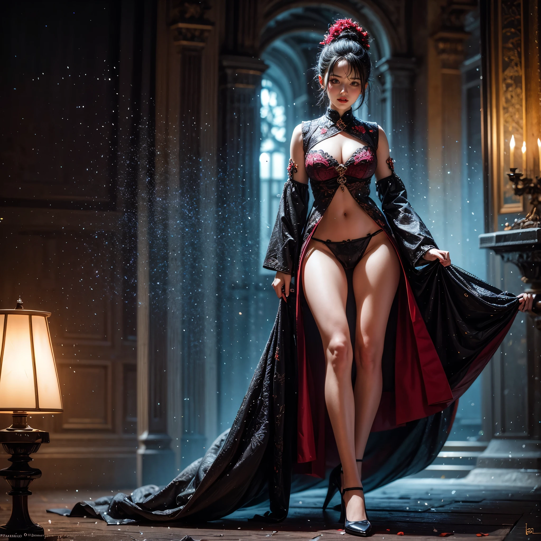 (Full Body of Extremely Detailed Dragon girl) with (Sparkling Red eyes)  Cyan hair in a high ponytail, liquid hair, flowers, (Huge dragon head) in background, 8K TopQuality UltraDetailed Masterpiece of Professional Photo, HDR ultra-fine painting, LifeLike rendering, extreme detail description, professional, Bright colors, bokeh, (Exposed Hourglass Body Shape)