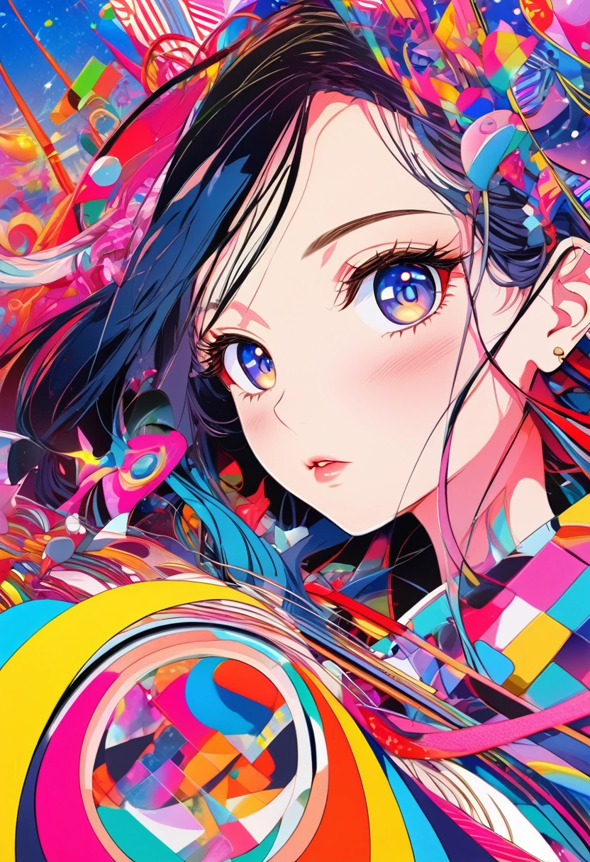 {worst quality, low-quality}, Anime artwork depicting a girl's face within a vivid and abstract collage of colors and patterns. The composition includes a variety of shapes, lines, and textures, all in bright and contrasting colors, creating a surreal and energetic atmosphere that draws the viewer in. --ar 3:4 --stylize 600 --niji 6, masutepiece,Best Quality,ultra-detailliert, masterpiece, masutepiece,Best Quality,ultra-detailliert, masterpiece,