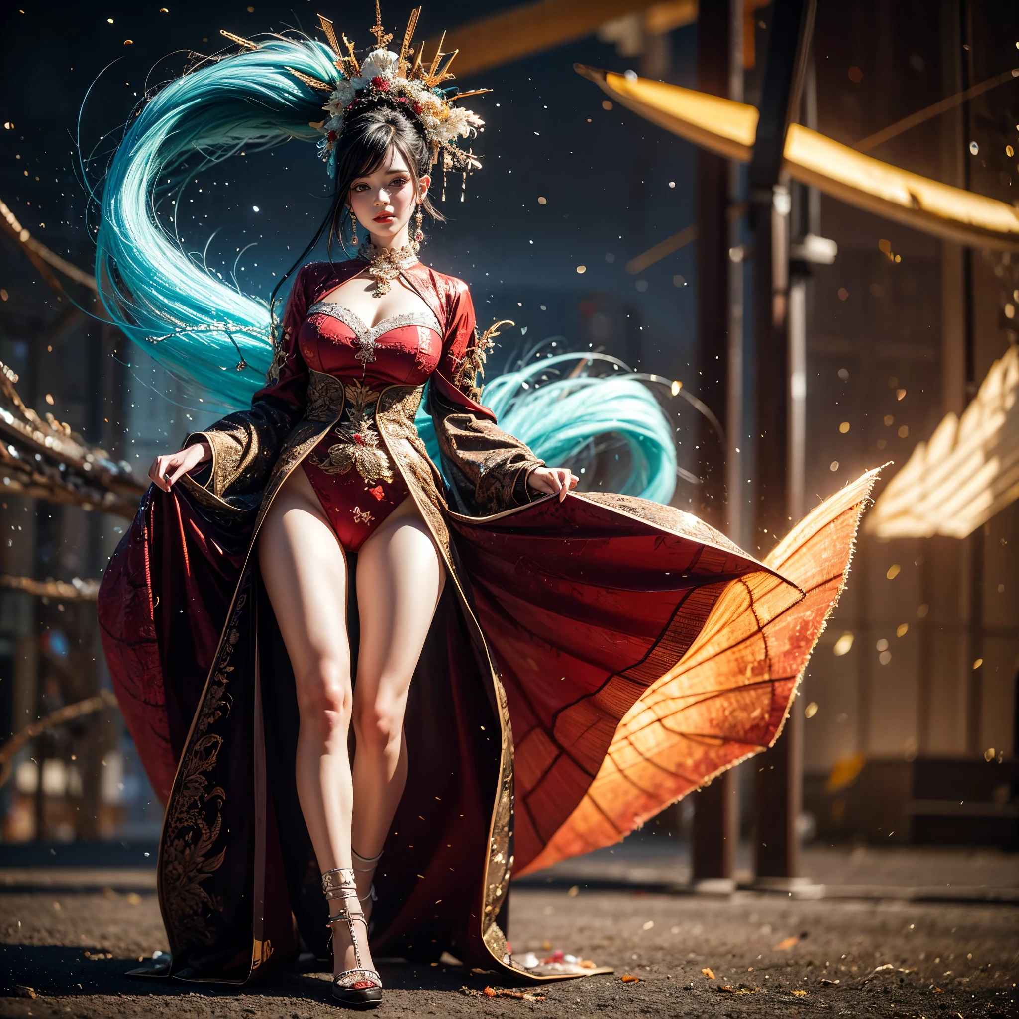 (Full Body of Extremely Detailed Dragon girl) with (Sparkling Red eyes) Cyan hair in a high ponytail, liquid hair, flowers, (Huge dragon head) in background, 8K TopQuality UltraDetailed Masterpiece of Professional Photo, HDR ultra-fine painting, LifeLike rendering, extreme detail description, professional, Bright colors, bokeh, (Exposed Hourglass Body Shape)