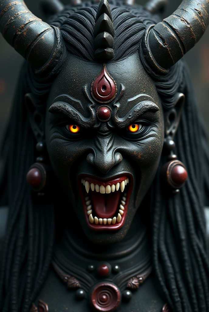 A black marbled hindu goddess Kali, demon like, from a meditating stance, looking through her eye brows, angry, furious, raging, baring his fangs, bloodlust, dynamic shot, side angle shot, close-up shot, high angle shot, bokeh, bald, adorned with hindu and and sinhalese and burmese decor, very dark background, looking grim, staring with fury, black pupills, golden glowing iris, fuming black particles from the body, silhouette, 8k resolution, masterpiece,