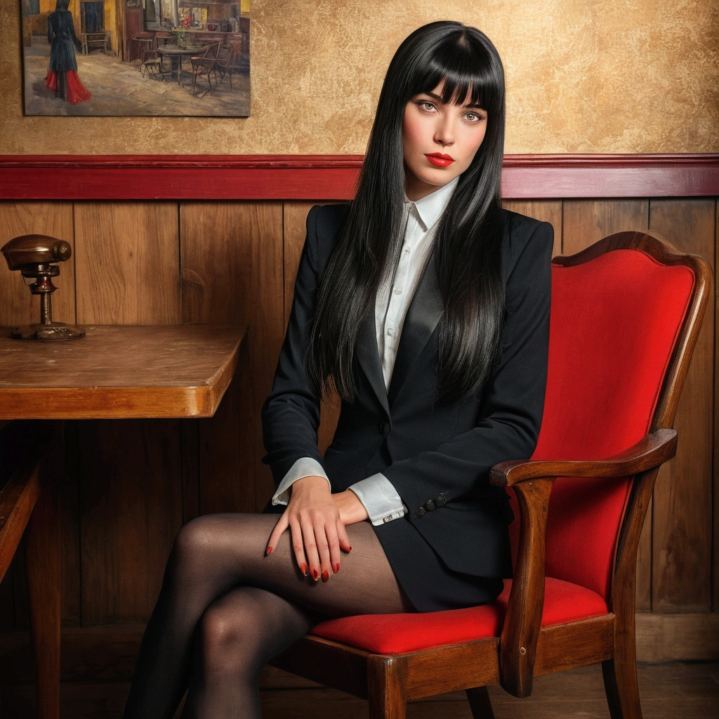 High-quality realistic acrylic art, vivid colors, lateral point of view, a beautiful vintage european woman with long black straight hair, bangs, looking at the viewer with suspicious face and a shy smile, red lips, she wear black suit, sheer tights, crossed legs, sitting on a fancy wooden chair