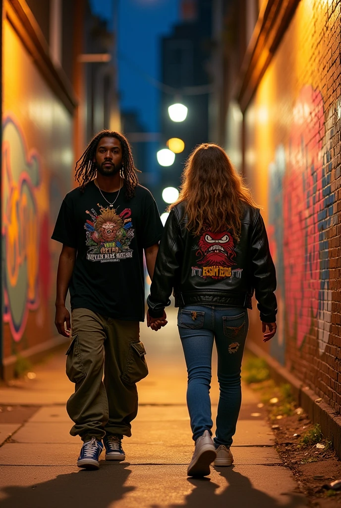Have a rapper wearing baggy clothes and a metalhead holding hands walking down a path where there's a sign that says (nu-metal)