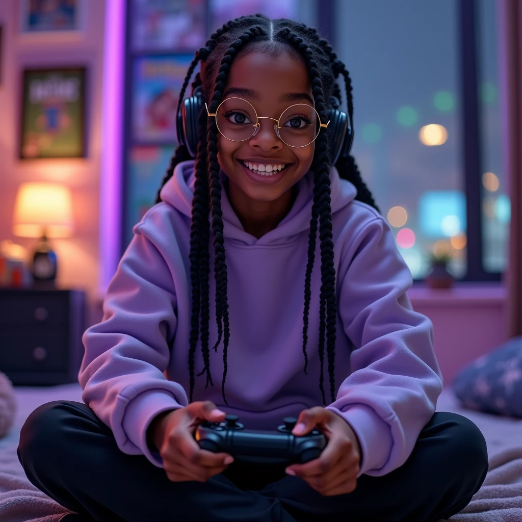 ((best quality)), ((masterpiece)), (detailed), 1girl, long black box braids, brown eyes, Round gold glasses, tan skin,dark skin ,BROWN SKIN, SHE HAS LIGHT BROWN SKIN, body, wearing plain light purple hoodie, wearing long black sweat pants, absurdres, high res, ultrasharp, 8k, masterpiece, looking at viewer, anime inspired, cool bedroom gamer background, androgynous, smiling, large round glasses, no airplanes,wearing a choker on neck, holding a controller