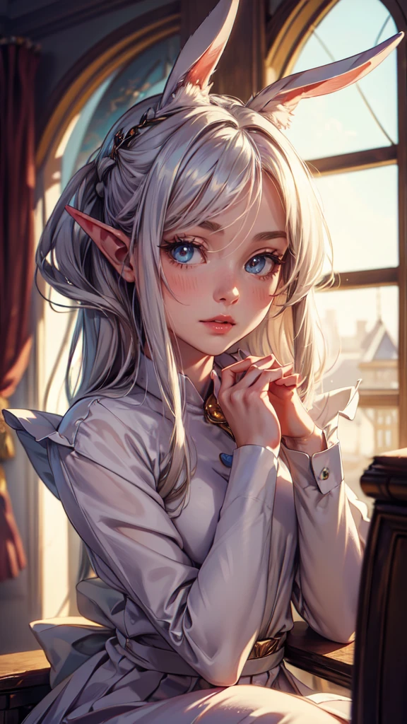 (best quality,4k,8k,highres,masterpiece:1.2),anime,white-haired girl,bunny ears,red eyes,shy blush,school uniform,detailed eyes and face,long eyelashes,soft and silky hair,peaceful expression,graceful pose,gentle smile,beautiful detailed lips,vivid colors,fantasy background,soft lighting,subtle shadows,whimsical atmosphere,dreamlike ambiance,detailed eyes, detaield hands, detailed face, elf woman, full body
