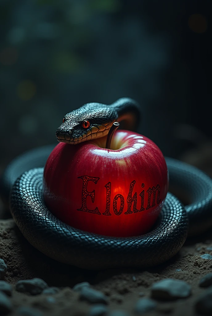 A python snake circling an apple in the middle of the darkness, The apple has letters written on it that say Elohim, the python snake looking darkly