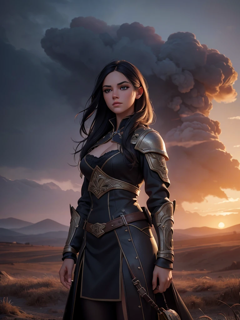 a girl standing in a field, smoke rising from a fire in the distance, beautiful detailed eyes, beautiful detailed lips, extremely detailed face and eyes, long eyelashes, detailed hair, intricate details, (best quality,4k,8k,highres,masterpiece:1.2),ultra-detailed,(realistic,photorealistic,photo-realistic:1.37),HDR,UHD,studio lighting,ultra-fine painting,sharp focus,physically-based rendering,extreme detail description,professional,vibrant colors,cinematic lighting,dramatic lighting,moody lighting,dramatic atmosphere,fantasy landscape,serene atmosphere