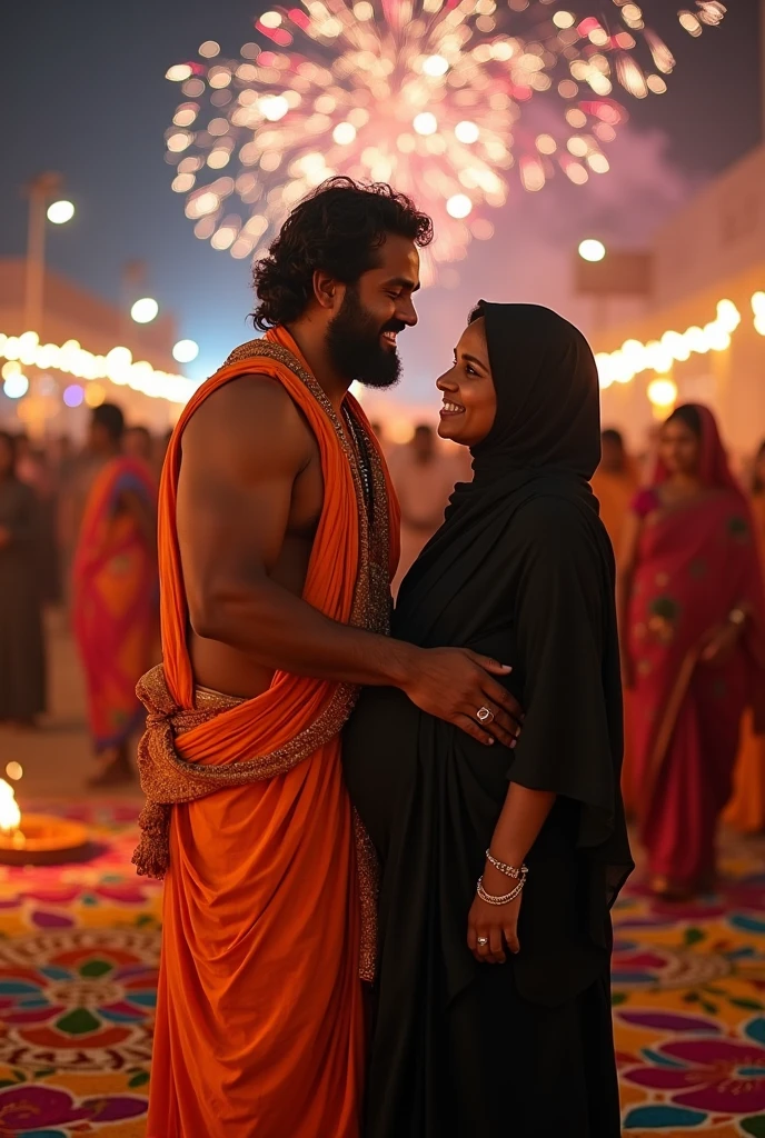 Young muscular Hindu pandit, Arabi pregnant muslim women wearing black burkha,together enjoy the festival of Diwali with family