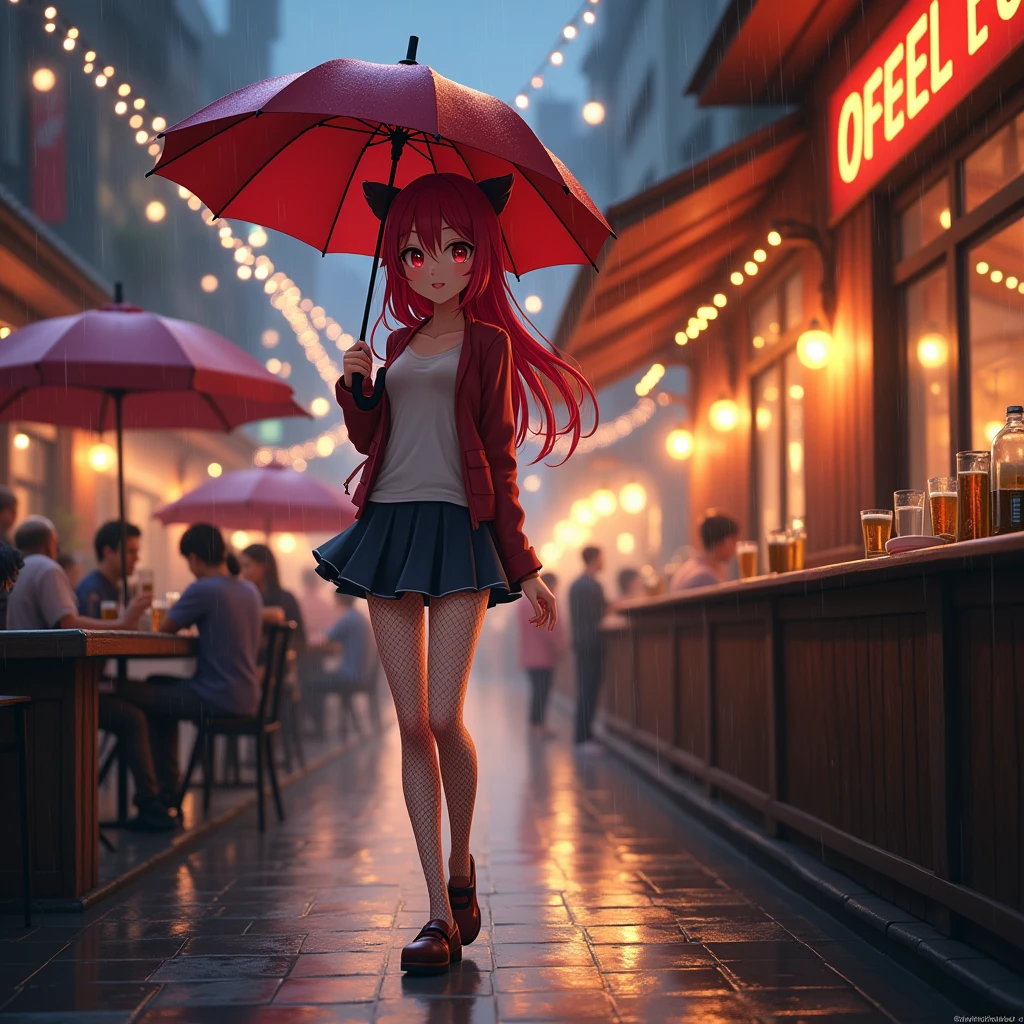 Sexy anime girl went out on a rainy day, she had red hair and sexy legs (she was wearing fishnet stockings) and big breasts (she was wearing a black bra). Then this sexy anime girl walked into an outdoor bar and took her frothy beer and her mouth was open (in sex position). was standing) (8k) (4k4k) ultra hdr