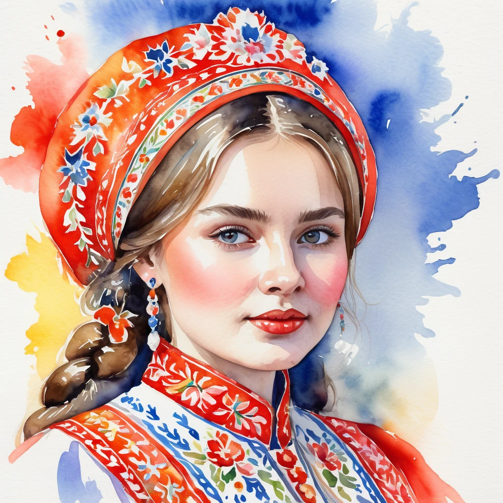 Watercolor portrait of a Russian girl clad in vibrant traditional Russian folk costume