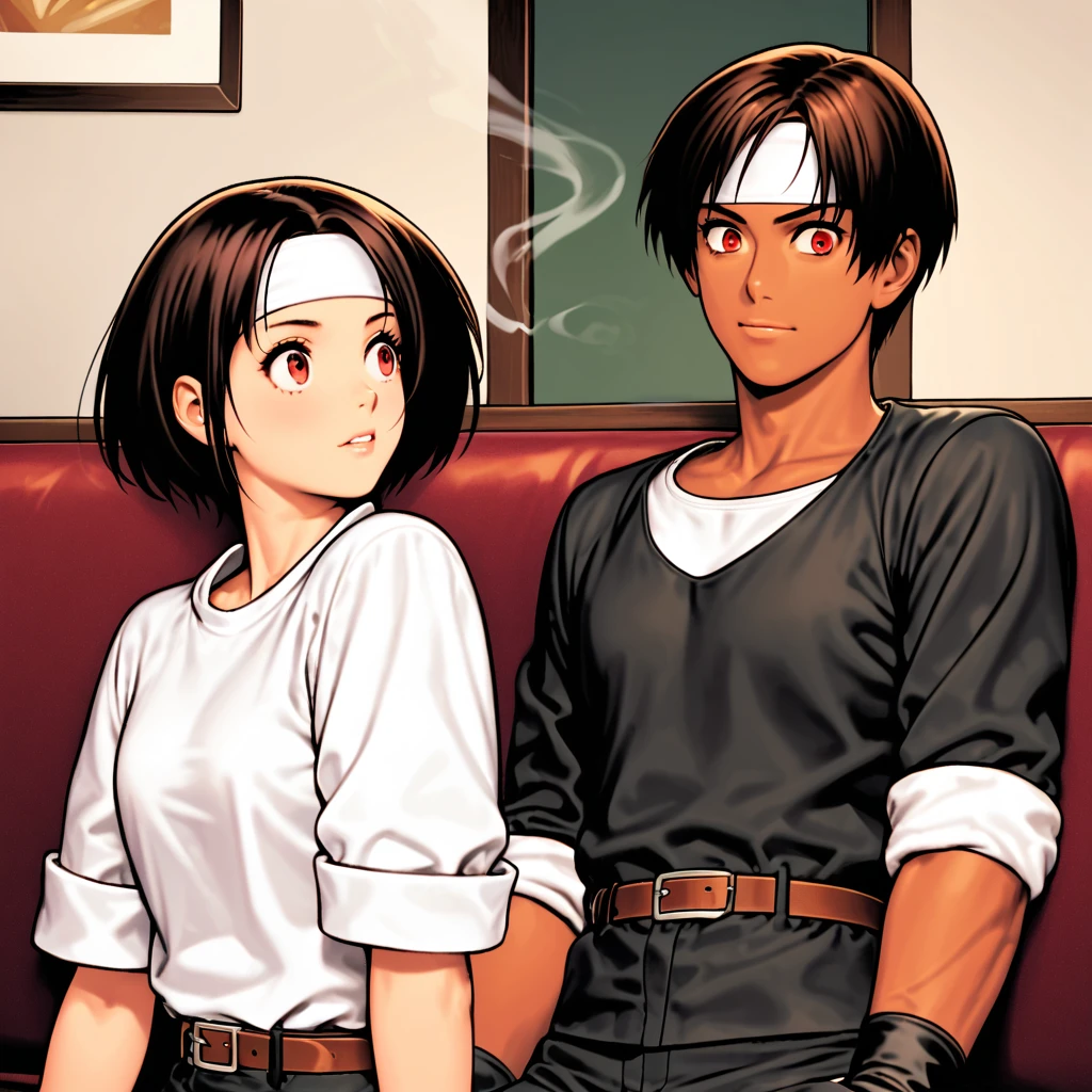 Single, female, short cut, dark hair, dark skin, red eyes, ((black jacket with rolled up arms)), fingerless gloves, white T-shirt, (white headband on forehead), black pants, white shoes, brown belt, cute, indoor-oriented, charming, top quality, neat face, neat eyes, sitting on black sofa She is smoking, looking at her smart phone, lying down, beautiful Japanese girl, she is surprised to see the front of the room. Her eyes are wide open, her gaze is slightly downward, her mouth is half open,