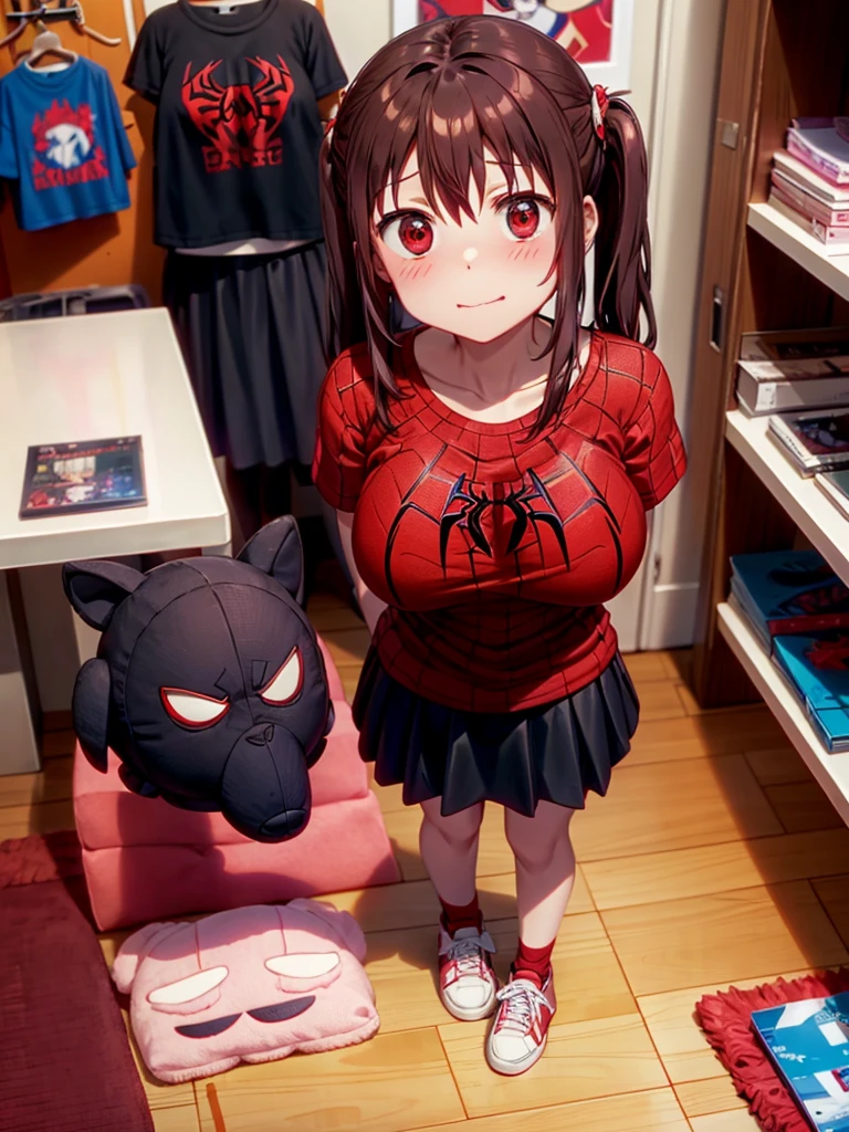 Ebina standing, standing, standing en su habitación , Wearing a black skirt , Black and red sneakers , Classic Spiderman T-shirt , cheerful and shy attitude, big breasts.

 (room full of stuffed animals and teenage things), (looking to the camera).