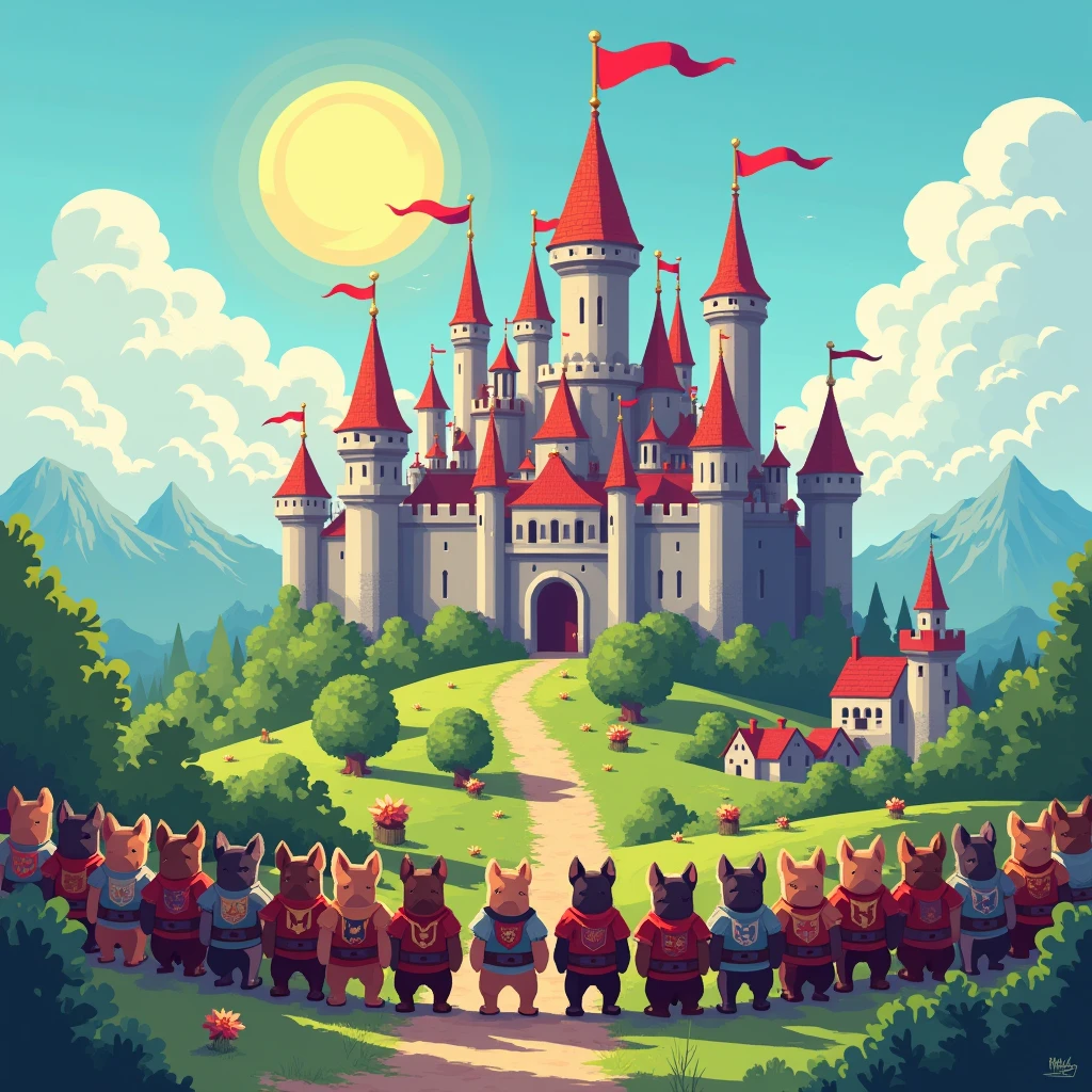 A kingdom with several castles in the background, with dog soldiers, in 2d PIXEL ART style