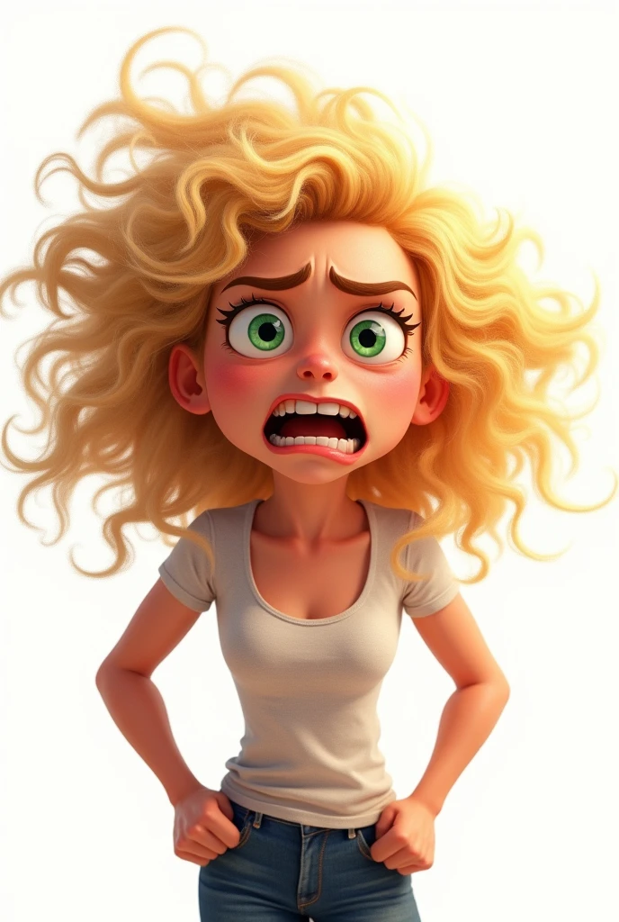 Woman white skin curly hair blonde color green eyes very angry expression pixar style white background