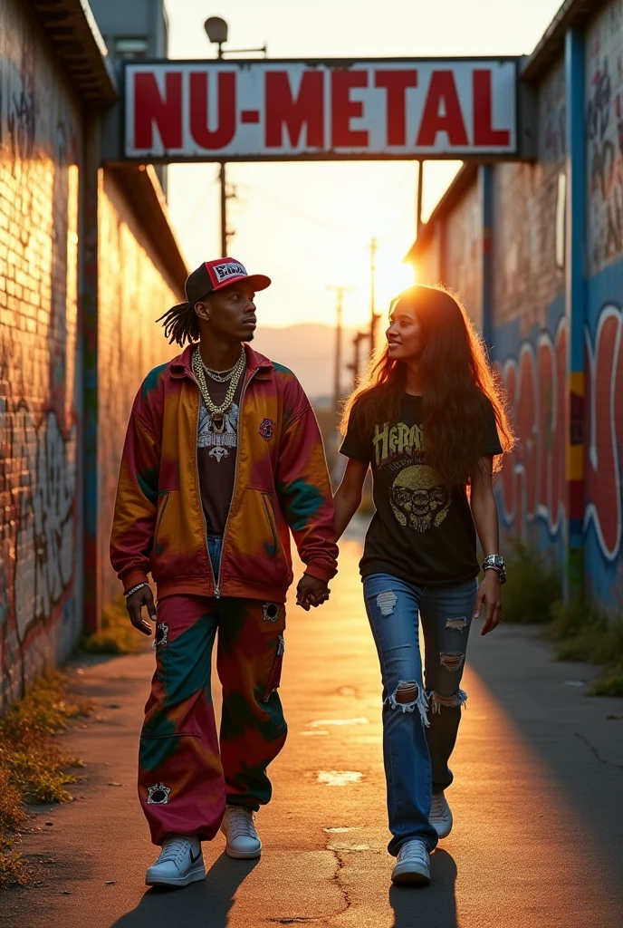 Have a rapper wearing baggy clothes and a metalhead holding hands walking down a path where there's a sign that says (nu-metal)